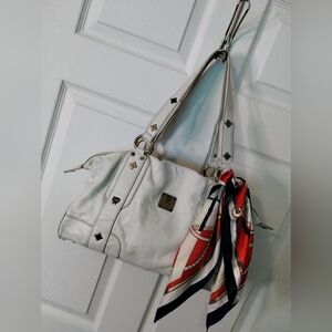 MCM White Hobo Bag with Red and Blue Scarf